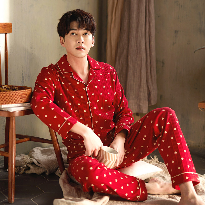 This life year pyjamas men's spring and autumn clothes autumn pure cotton long sleeve home clothes men's full cotton autumn and winter style thin and large red