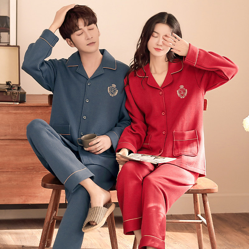 Couple pajamas winter quilted thin section interlayer long-sleeved suit women's pure cotton thickened autumn and winter new home clothes men