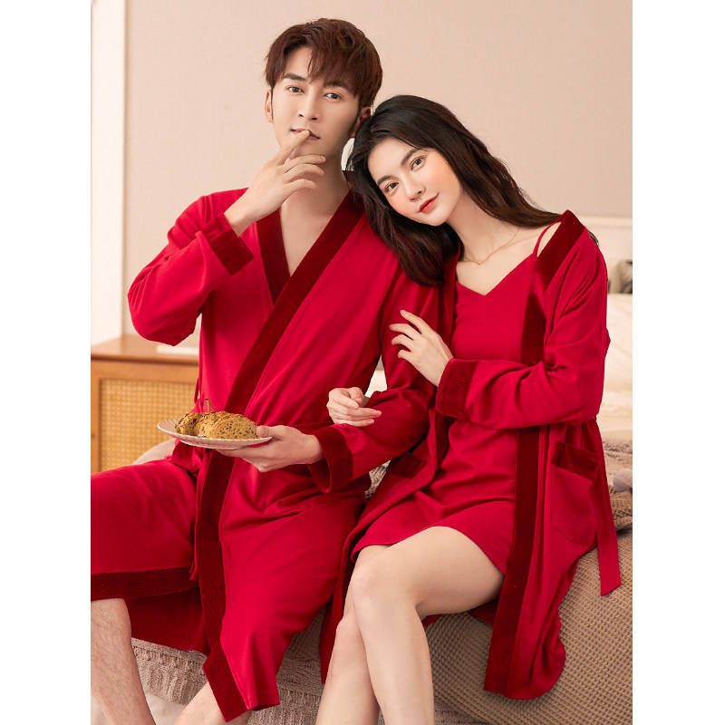 Couples pajamas spring and autumn large size dressing robe cotton bride sexy suspender two-piece set wedding men's loungewear red