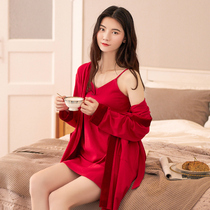 Sleeping Dress Lady Spring Autumn Pure Cotton Ben Life Red Harnesses Sleeping Robes Two Sets Of Big Code Sexy Longs Pyjamas for autumn and winter