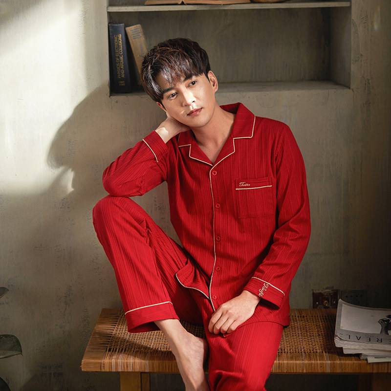 Men's pajamas red annual cotton pure cotton autumn and winter fattening large number of loose cotton home clothing Spring and Autumn