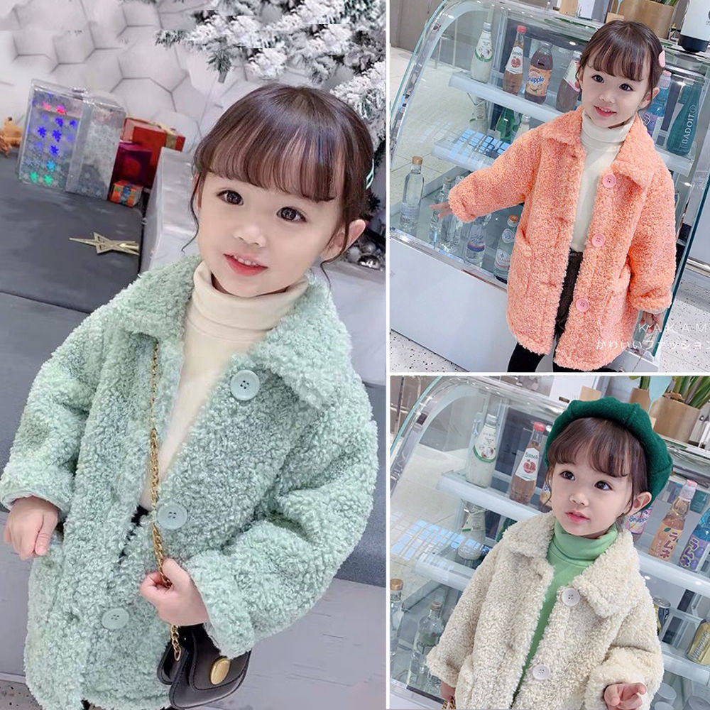 Girls coat 2022 autumn and winter new children's thickened foreign style baby mid-length lamb wool warm children's coat