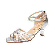 Silver genuine leather five-knit Latin dance shoes for adults soft-soled sandals mid-heel beginner dance shoes for women