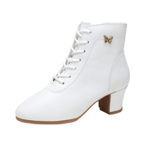 White soft leather dance shoes for women new soft sole social Latin dance shoes mid-heel sailor square dance shoes short boots