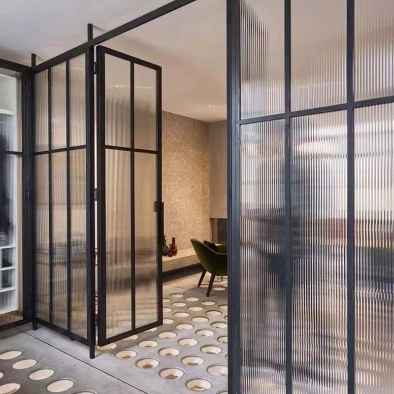 Bright silver Changhong art glass partition custom living room entrance cabinet door embossed ultra-white corrugated wave screen wall