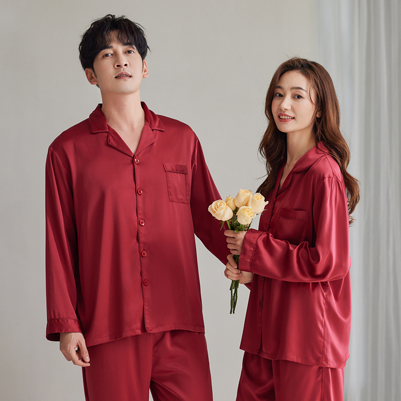 Weng Xiaoyan Red Silk Pajamas Couple Ice Silk Autumn and Winter Long-Sleeved Silk Thin Style Men and Women Wedding Set