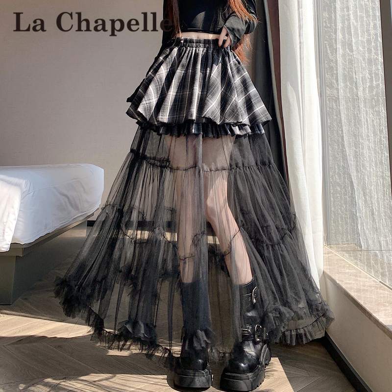 La Chapelle Sweet and Cool Patchwork Lace Mesh Brushed Plaid Skirt for Women, Autumn Lolita Style Puffy Long Skirt La Chapelle Sweet and Cool Patchwork Lace Mesh Brushed Plaid Skirt for Women, Autumn Lolita Style Puffy Long Skirt
