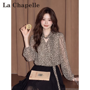 La Chapelle Vintage-Style Leopard Print Chiffon Top for Women, Autumn Pure Desire Sexy Ribbon V-Neck Long-Sleeve Shirt