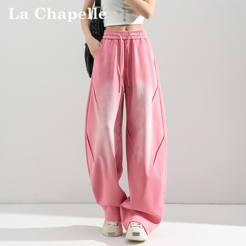La Chapelle American-Style Tie-Dye Gradient Pink Scimitar Wide-Leg Pants for Women, Summer High-Waisted Jogger Casual Sports Sweatpants