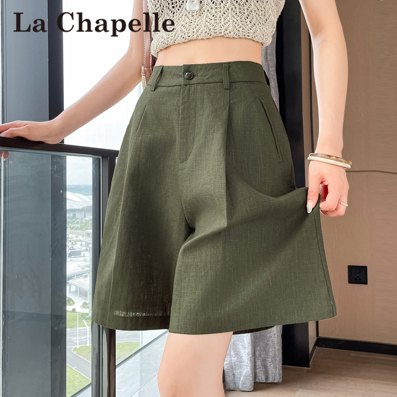 La Chapelle Retro Military Green Tencel Linen Wide-Leg Shorts for Women, Summer High-Waisted Casual A-Line Cotton-Linen Shorts