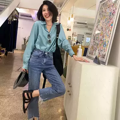 Korean version of the spring and summer 2021 new irregular burred jeans women's casual thin high straight high waist nine-point pants