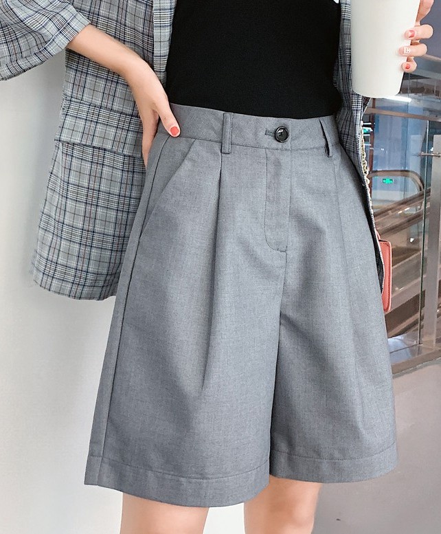 Korea 2021 summer gray five-point suit pants women's high waist wide pants thin tooling simple casual shorts