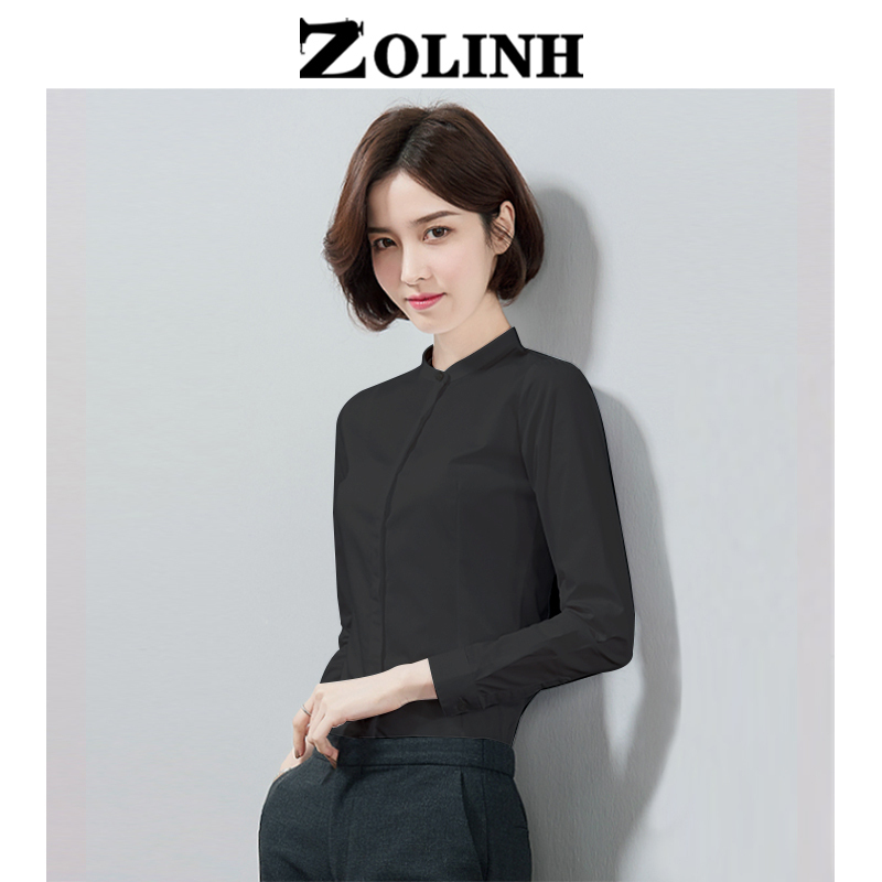 Black Shirt for Women with Stand Collar, Long Sleeves, Base Layer Shirt, Casual Professional Formal Wear, Inner Layer for Summer, Stylish Commuter Workwear