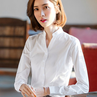 v领白衬衫女职业正装夏长袖通勤修身立领衬衣百搭气质4S店工作服