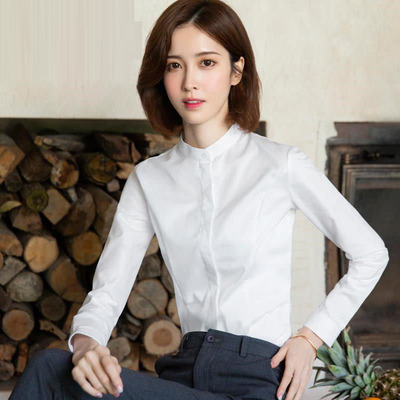 Stand Collar Shirt for Women, Spring and Autumn Long-Sleeved Professional Formal Wear, White Elegant Inner Layer, Commuting Workwear, Winter Fleece-Lined Shirt