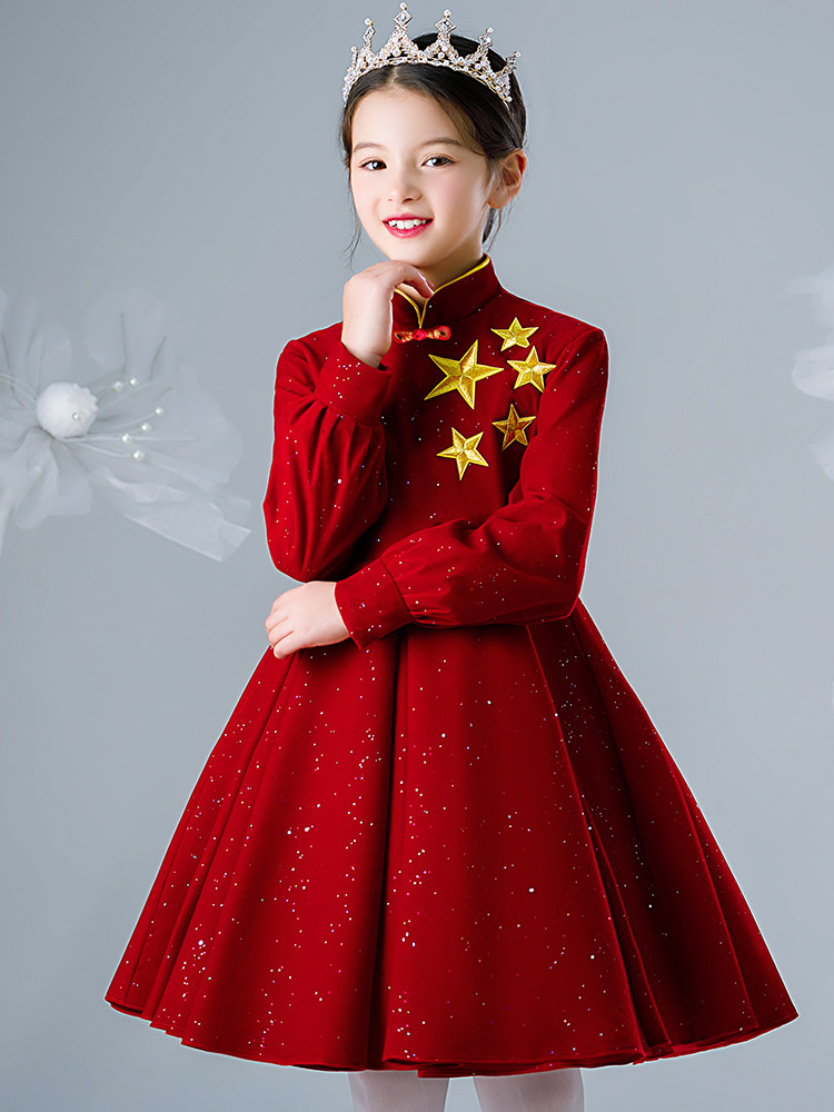 Young host girl dress Princess red Chinese long sleeve high-end children choral suit spring and autumn