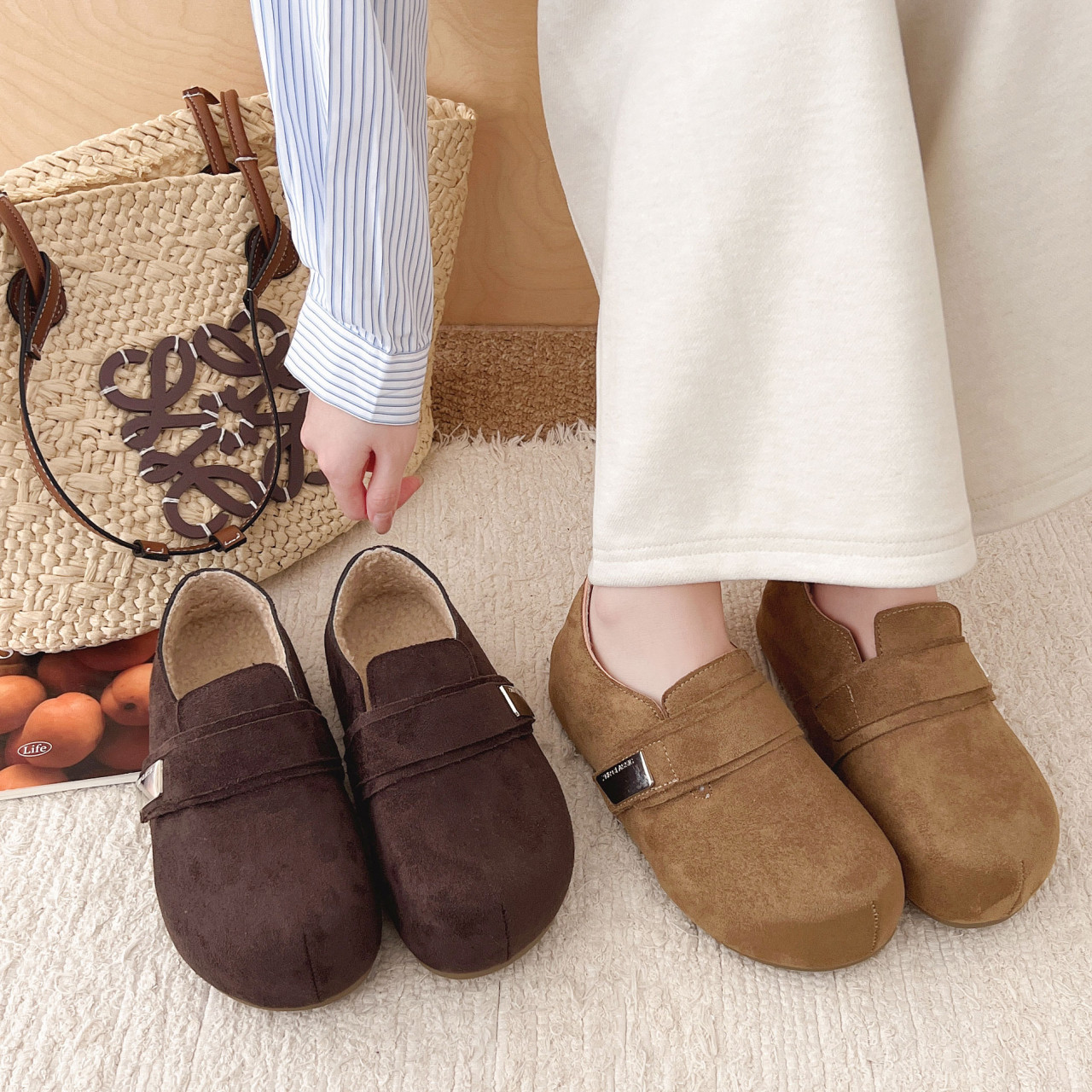 Women's Height-Increasing Birkenstock-Style Shoes, Winter 2025, Plush Loafers, Soft Thick Soles, Suitable for Pregnant Women