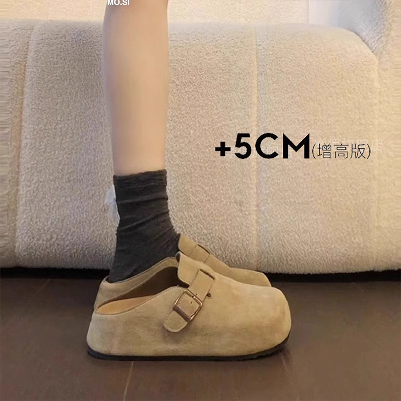 Thick-Soled Height-Increasing Birkenstock Shoes for Women, 2025 New Winter Fleece-Lined Closed-Toe Half-Slippers for Outdoor Wear, Birkenstock Cotton Slippers