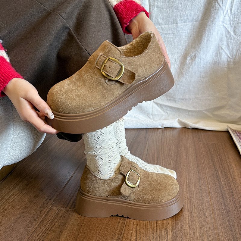 Thick-Soled Birkenstock Shoes for Women, Winter Fleece-Lined, 2025 Internet Celebrity Hot Style, Retro Slip-On Loafers, Warm Furry Cotton Shoes