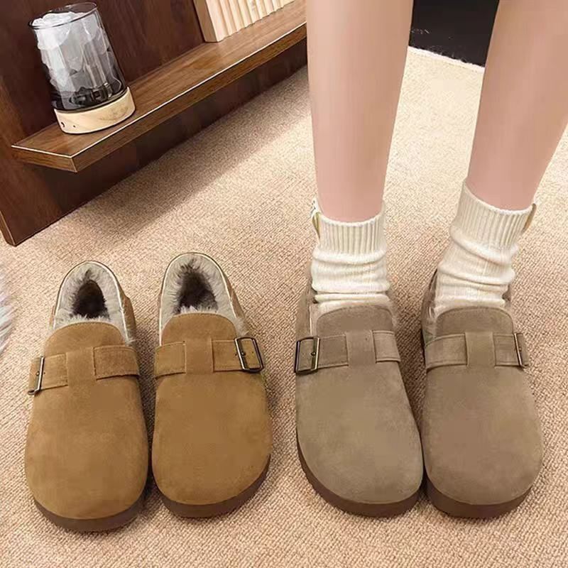 Fleece-Lined Full-Wrap Retro Birkenstock Shoes for Women, Winter 2025 New Slip-On Loafers, Furry Cotton Shoes, Warm Snow Boots