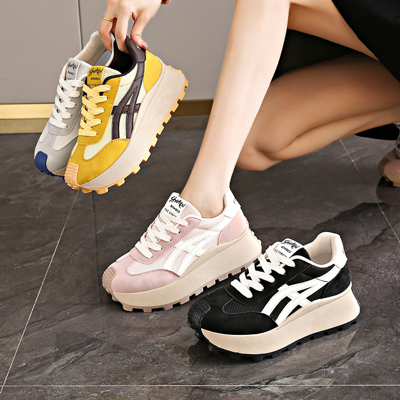 Hong Kong Style Internet Celebrity Waffle Platform Shoes for Women 2025 Spring New Thick-Soled Height-Increasing Retro Casual Sneakers for Women
