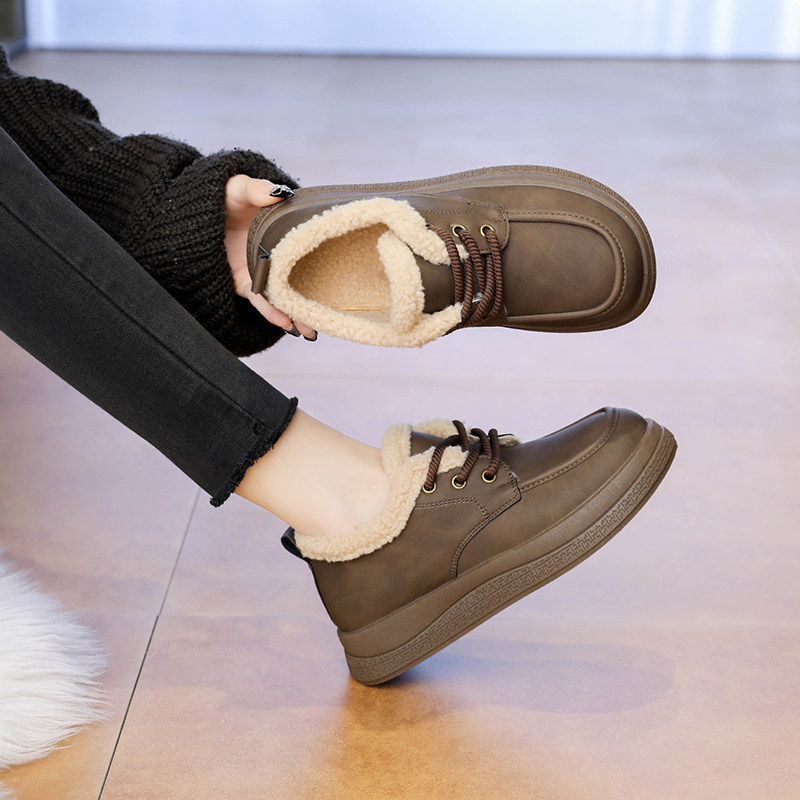 Fleece-Lined Loafers for Women 2025 New Winter Lamb Wool Warm Leather Shoes Lace-Up Snow Cotton Shoes Waterproof and Non-Slip