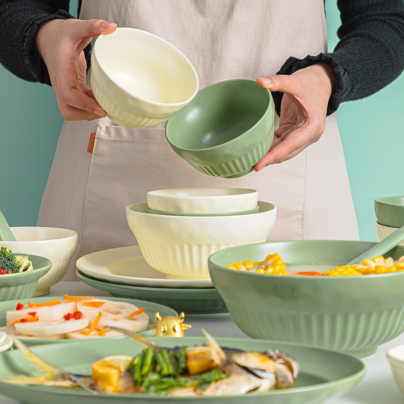 Nordic Bowl suit Home Ceramic Rice Bowl Soup Bowl Mesh Red Plate Tray Salad Bowl Light Lavish Cutlery Combinations