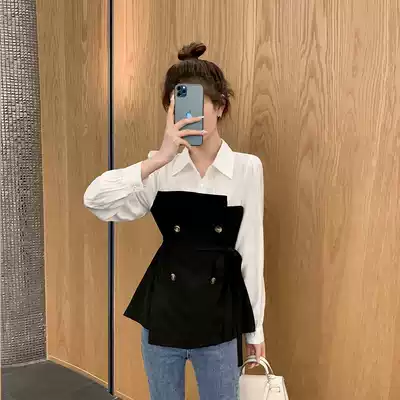 Splice shirt Women's Spring 2021 new waist asymmetric lapel temperament thin shirt tide