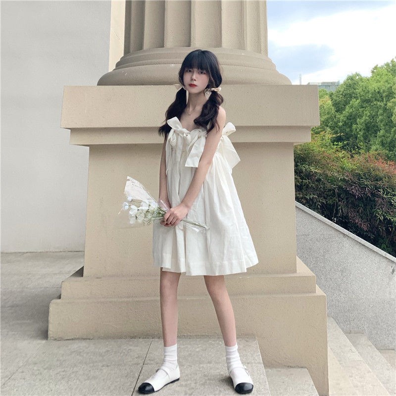 French retro - first love doll dress 2023 - Eve girl sweet gentle wind butterfly tie white hanging dress