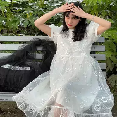 2021 summer new skirt female fairy flower mesh high waist slim medium long version bubble sleeve round neck dress