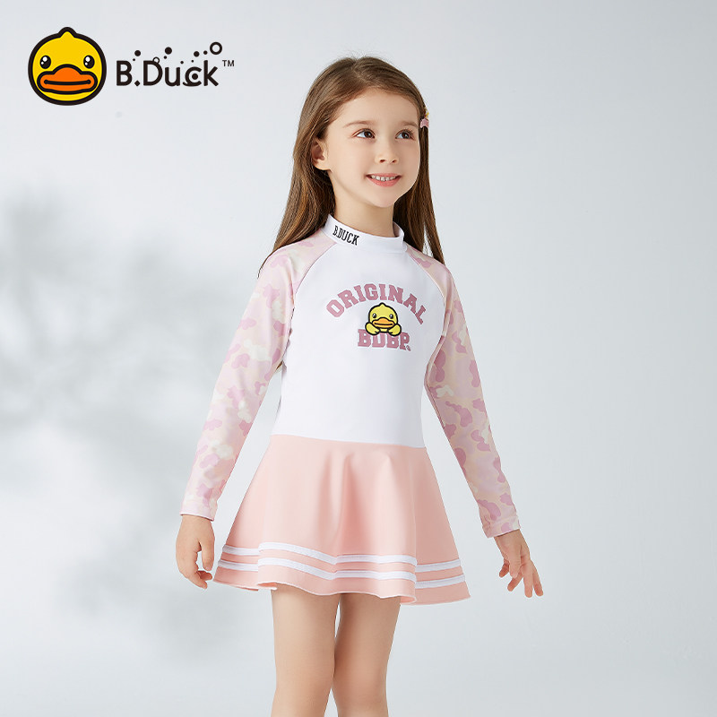 B Duck little yellow Duck children's swimsuit female middle child long sleeve one dress girl swimming swimwear hot spring swimsuit