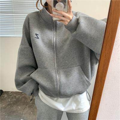 Blouses female boomer cardiovert long sleeve loose thick solid 100 hitch rope pull necklace with new collar jacket autumn and winter necropolis grey
