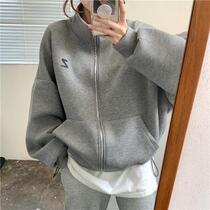 Blouses women Chaoters Long sleeves Loose Thick Solid 100 Hitch Rope Zipper New Collar Jacket Autumn Winter Sweatshirt Grey