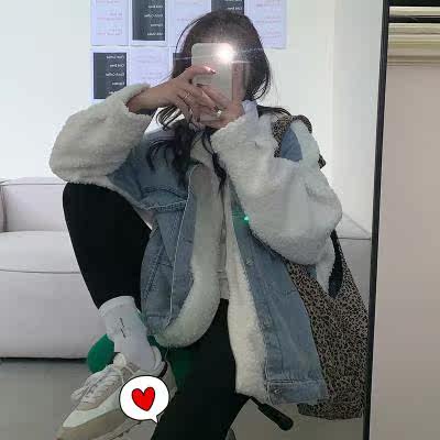 ins loose splicing sheep lamb hair new coat blouse Fried Street Thickened Cowboy 100 lapped Korean version Autumn Winter 2020