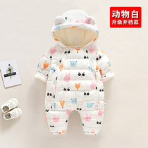 Babys winter go out hug clothes thickened clothes outside wear plus fleece hug suit suit conjoined cotton clothes hooded crawling