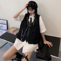 Fashion foreign air tooling suit Two sets of harbor wind retro chic shirt blouses dark black Machia Korean version women fall