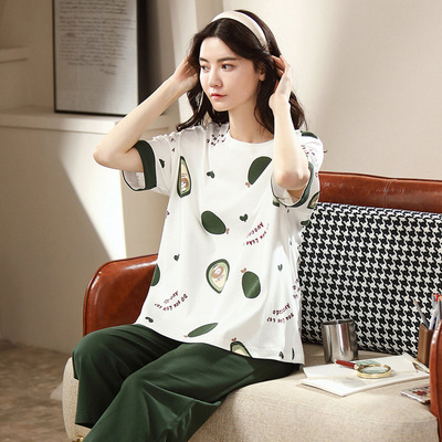 夏季纯棉女学生短袖套装韩版可爱卡通休闲女全棉七分裤家居服大码