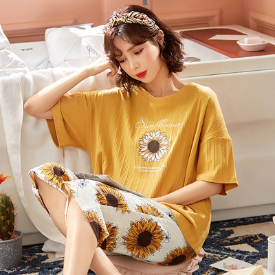睡衣女夏季纯棉七分裤套装韩版可外穿短袖夏天全棉学生大码家居服