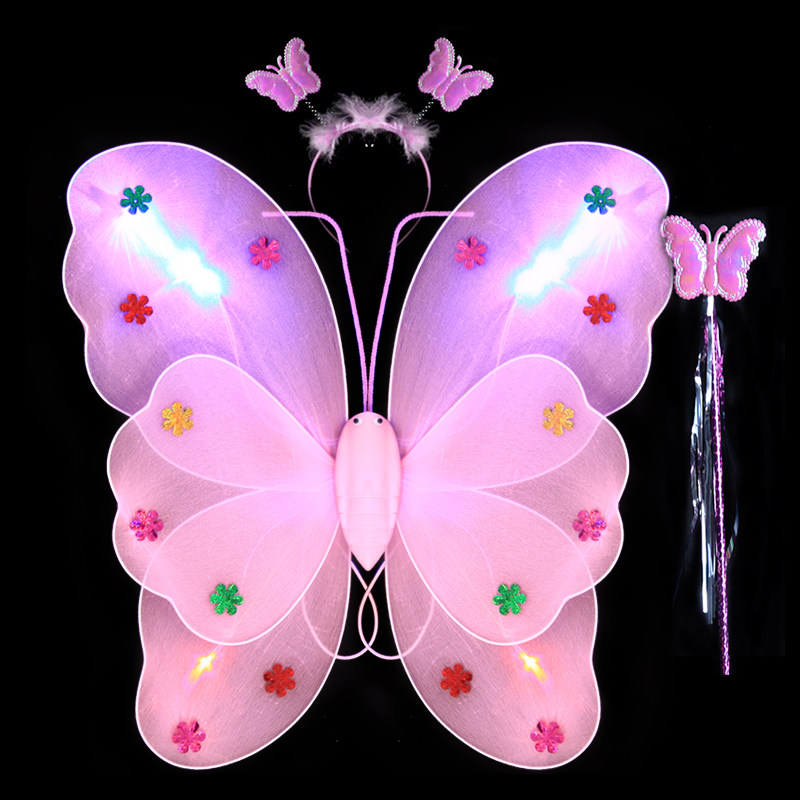 Glowing little girl's back butterfly wings props children's wonderful fairy magic wand flower fairy three-piece set