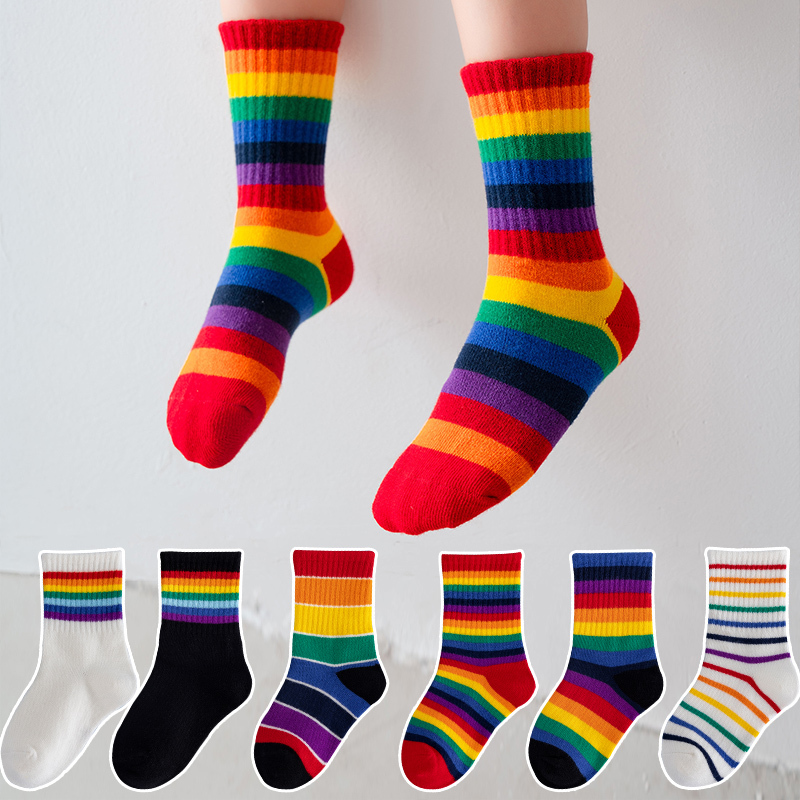Girls' Socks Pure Cotton Spring and Autumn Children's Rainbow Socks Boys' Mid-Calf Socks Striped Seamless Socks Baby Cotton Socks Long Socks