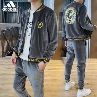 Chao brand summer leisure suit men winter Tide brand double-sided gold velvet cardigan thick cotton t pants autumn clothes two-piece set