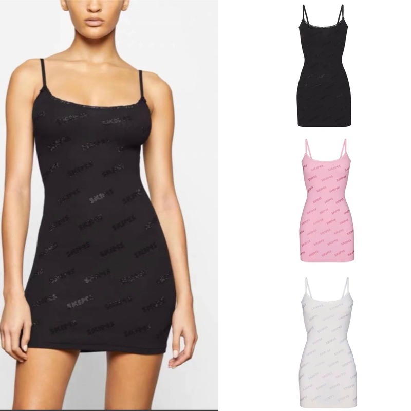 Skims Kardashian Rhinestone Letter Logo Tight-Fitting Bodycon Strap Dress Sexy Lace Mini Dress