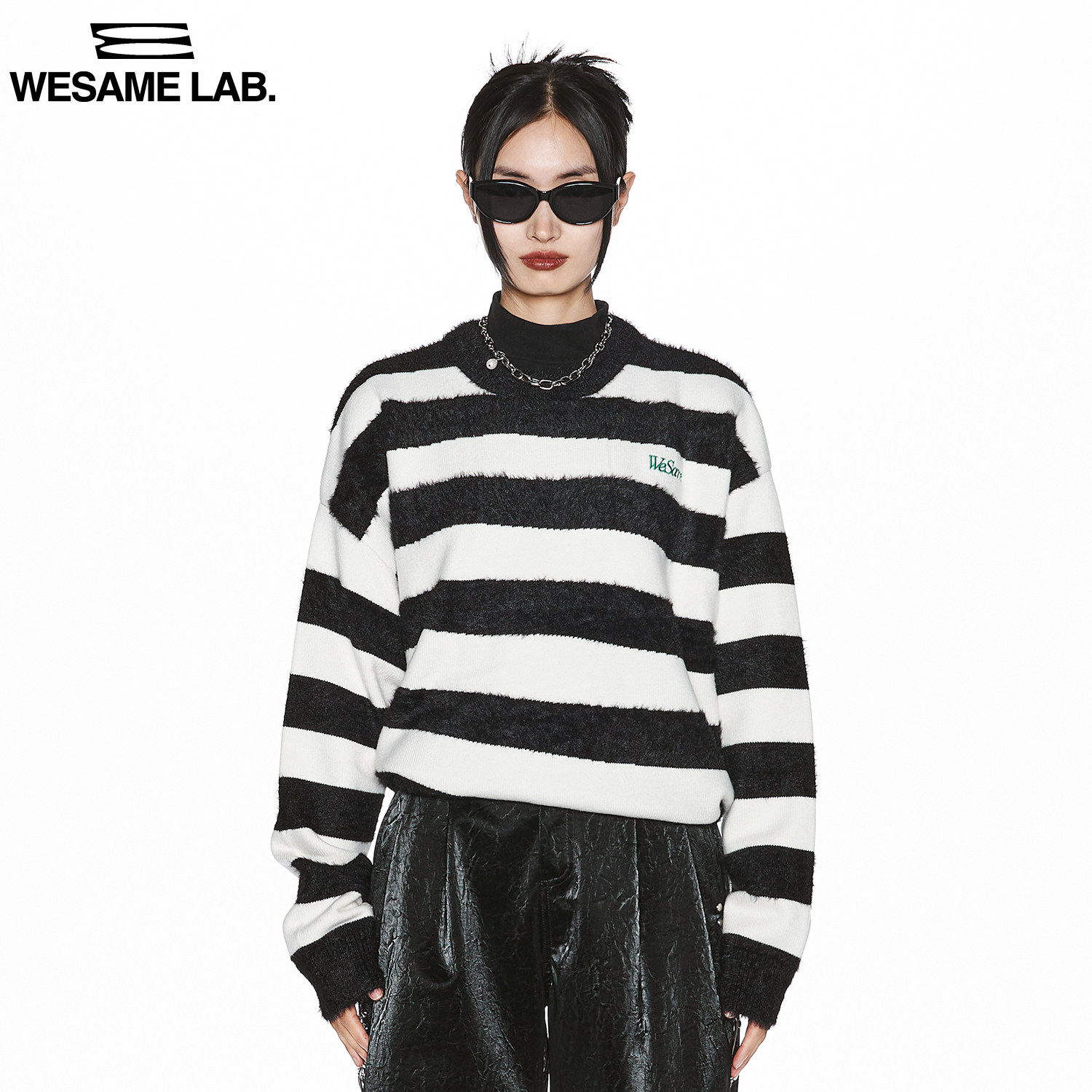 WESAME LAB original design black and white striped sweater women's lazy wind soft waxy thick pullover top
