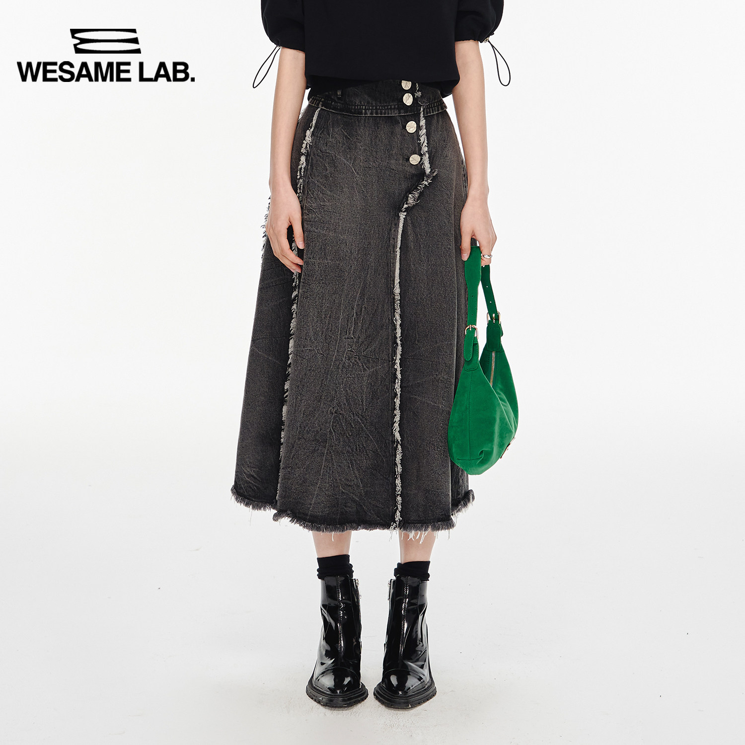 WESAME LAB original niche design black high waist washed raw edge mid-length denim skirt for women