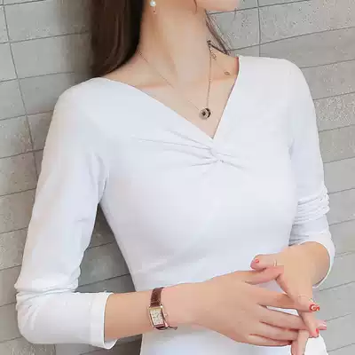 2021 autumn and winter New Cross v collar base shirt female Korean slim slim slim long sleeve T-shirt waist wrinkled top women