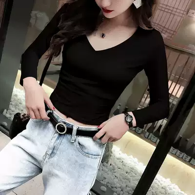 Long-sleeved T-shirt women's short early spring with a high waist and slim base shirt V-neck plus velvet cotton top