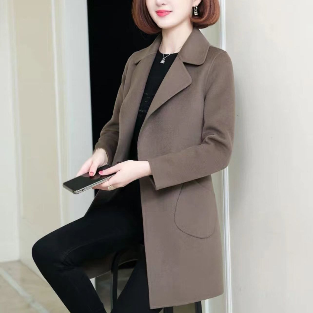 655 new double-sided woolen coat women's mid-length waist waist woolen coat women's slim Hepburn style woolen coat