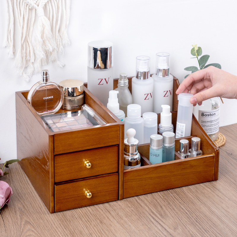 Wooden cosmetics storage box household drawer skin care products desktop shelf lipstick mask makeup table storage