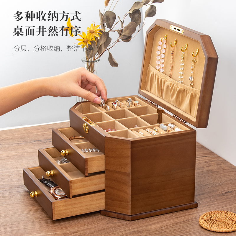 Solid wood jewelry storage box with lock stud earring necklace jewelry box large capacity simple vintage wood wedding birthday gift