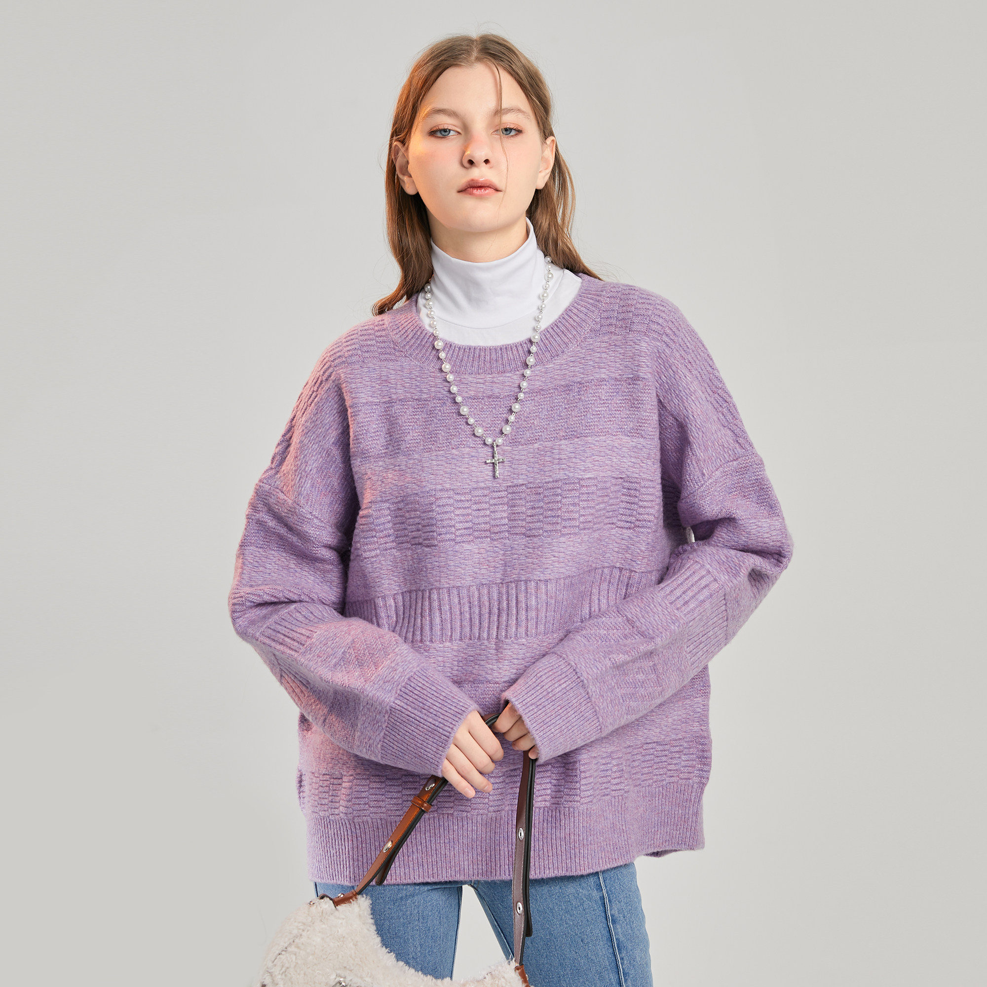 ICEONME three-dimensional soft waxy thick texture floating line jacquard loose Y2K round neck sweater